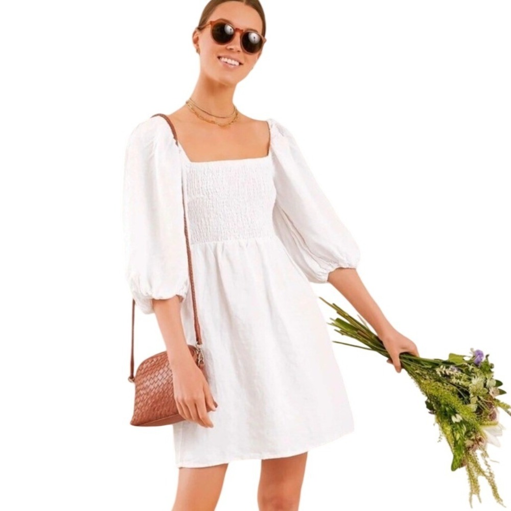 Tuckernuck Dress Annie Smocked Mini in White Linen Smocked Puff Sleeve Dress M